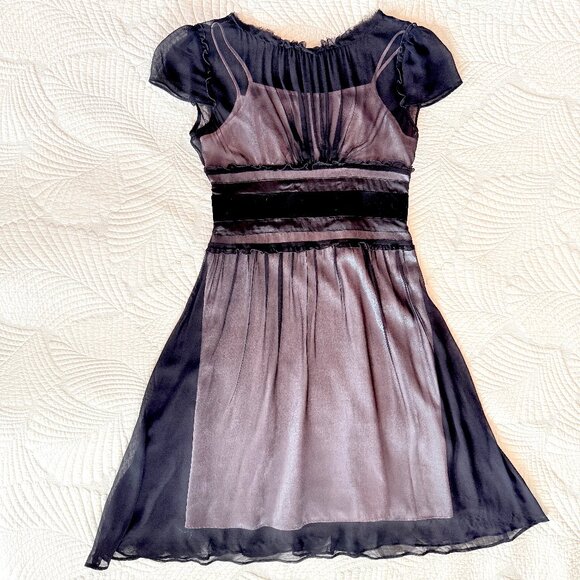 Vintage Y2K Dark Coquette 100% Silk Sheer Black & Pink Milkmaid Dress Size M - Picture 11 of 17